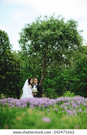 the bride and groom on the background of lavender fields. The bride and groom embraced and are holding a wedding bouquet