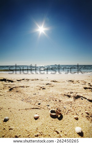 Wedding rings in the sand against the backdrop of sea and sun. Marine wedding