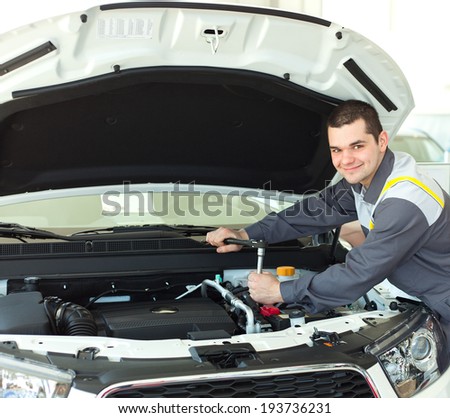 Car mechanic working in auto repair service with engine.
