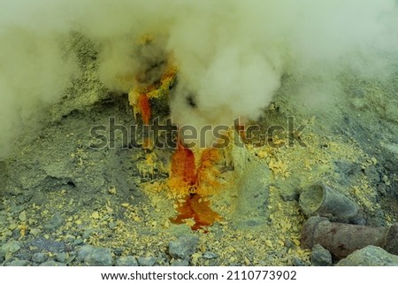 Molten sulfur dripping from pipes at Kawah Ijen volcano, East Java, Indonesia Сток-фото © 