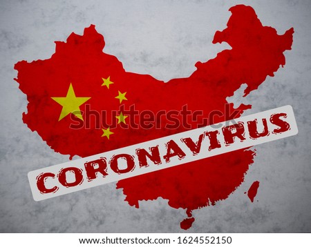 People's Republic of China map country silhouette with a stamp: Coronavirus on it. 2019 Novel Coronavirus (2019-nCoV) concept, for an outbreak occurs in Wuhan, China.