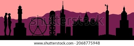 Batumi, Georgia, skyline vector silhouette with famous city attractions on mountains background