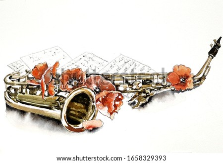 Watercolor musical instrument saxophone with flowers poppies illustration