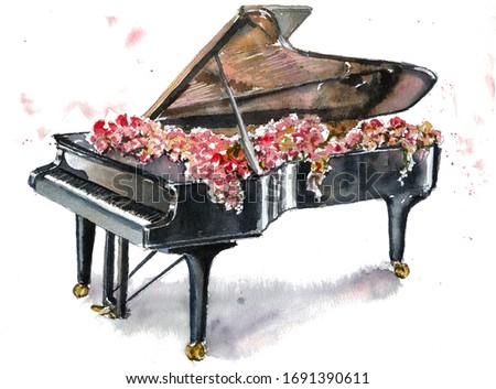 Black grand piano with flowers watercolor illustration