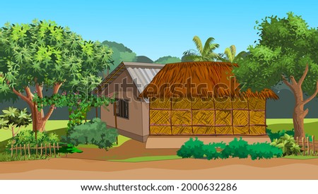 A beautiful house in an Asian village, a tin house is another mud house