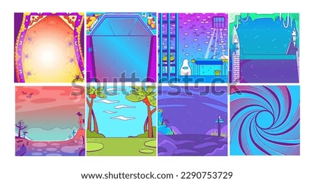 Set of vector backgrounds in cartoon style. Big Lebowski carpet, coffin, prison, graveyard, dungeon, tropical landscape, Agent 007, etc.