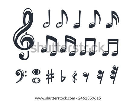 Set of monochrome images of musical notes, treble clef, bass clef, sharp, flat in a cute cartoon flat style.