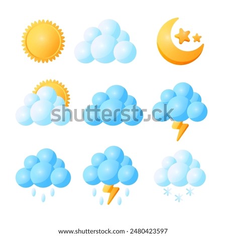 Set of weather icons, sunny, cloudy, clear at night, partly cloudy, rain, thunderstorm, snow in cute cartoon style.