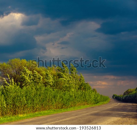 Beautiful bright landscape with road,green trees and dark blue clouds.Before the storm