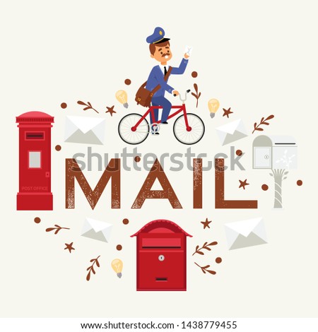 Mail box envelope postman deliveryman vector post mailbox postal mailing letterbox illustration. Postboxes man delivery letters sending in envelopes. Classic correspondence presentation.