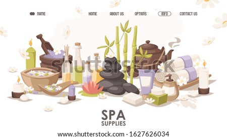Spa center website design, vector illustration. Landing page template for beauty salon, professional wellness treatment. Spa center accessories for relaxing atmosphere, candles, aroma oils, tea kettle