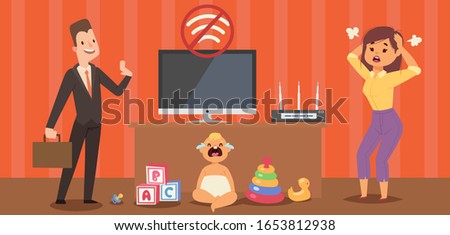 Wifi signal disruption, crying baby and stressed mother, technical support service, vector illustration. People without internet, router lost signal, tv off. Modern parent problems, cartoon characters