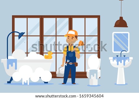 Plumber repair service vector illustration, male cartoon character with wrench and plunger tool fixing bathroom equipment. Handyman removes the sewer blockage and leak in sink, bathtub and toilet.