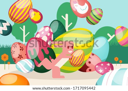 Flat easter bright bunny runs with striped egg vector illustration. Multicolored magnified holiday symbol on glade path banner. Children s holiday, character animal run with egg to hide.