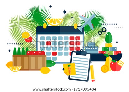 Plan import fruits icons vector illustration, product transportation by plane or ship. Mark sending day apples, pears, cucumber and tomato on calendar. Cartoon tablet product list.