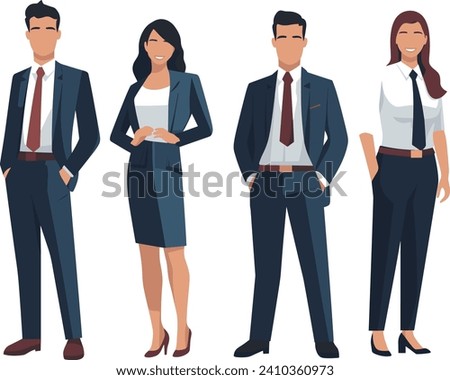 Four professionals are standing confidently in business attire in a vector illustration.