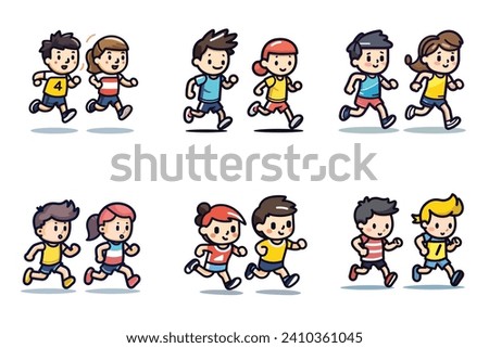 Cute cartoon kids running in race, children in sportswear participating in running event. Active children sports day concept. Child athletes competition vector illustration.