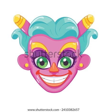 Colorful cartoon joker face with a wide grin and playful expression. Festive clown character for party and celebration themes. Joyous entertainer design vector illustration.