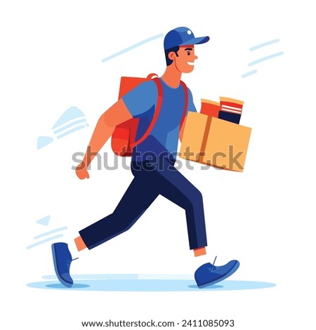 A delivery man rushes with a package in a vibrant vector illustration.
