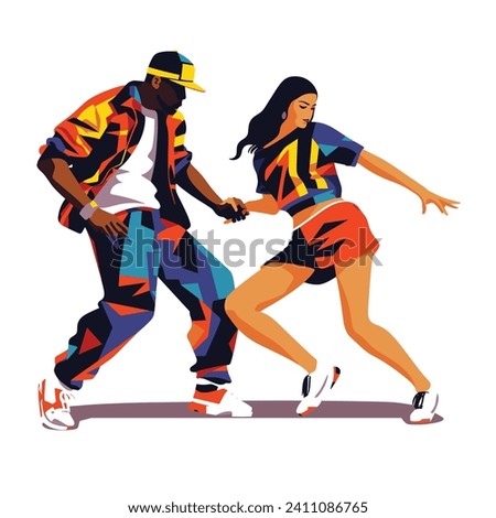 African man and Latina woman dancing in stylish attire. Dynamic hip hop dance moves with vibrant clothing. Street dance performance vector illustration.