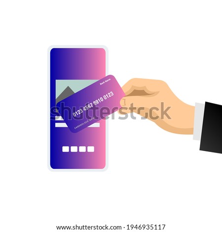 Close up hand of customer paying with contactless credit card by smartphone. Cashless technology, finance and banking concept. vector illustration.
