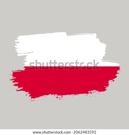Flag Republic of Poland, brush stroke background. Waving Flag Poland on gray backrground for your web site design, logo, app, UI. EPS10.