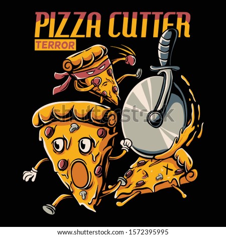 Pizza slice cartoon chased by pizza cutter wheel. Cartoon pizza boxer pop art style. Pizza cutter terror. Funny concept for tshirt design, sticker, web, banner, card, poster, and phone wallpaper