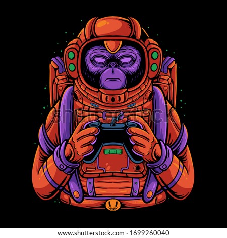 Space monkey holding game controller illustration. Monkey gamer design for t-shirt, poster, or sticker