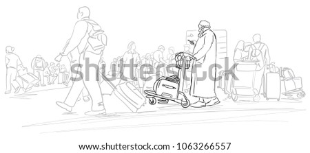 Vector sketch of passenger and traveler walking in the main terminal for boarding time in International Airport for travel. side view of middle eastern business traveler.  concept of business travel.