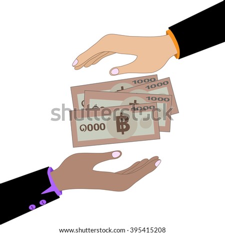 Illustration of an isolated vector hand giving 1000 bath bank note. Bath is the national currency of Thailand