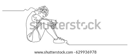 continuous line drawing of sad man hugs his knee on white background