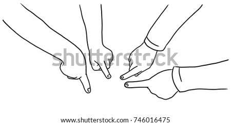 Vector art drawing of many hands fingers pointing with index fingers at something on white background, concepts hand show the number one