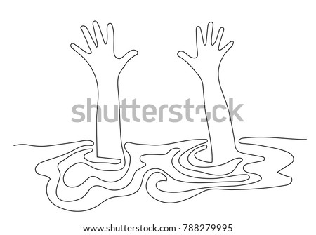 continuous line drawing of hand in water asking for help. Failure and rescue concept