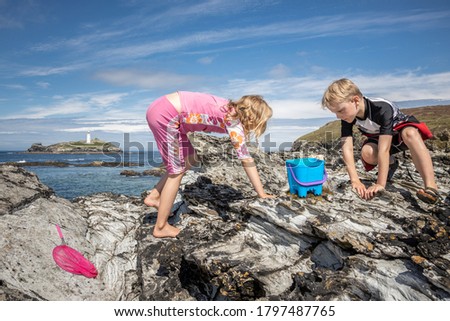 Young brother and sister rock pooling on the Cornish coast on a sunny, summers day. Stock foto © 