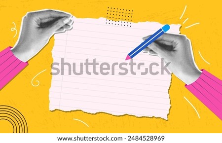 Trendy halftone collage of hands with pen. Writing on a paper with yellow background.