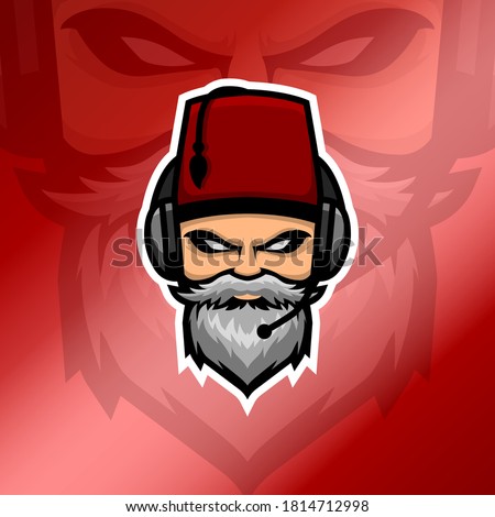 Old beard man esport logo with headset and red fez hat in glossy red gradient background. White beard man logo. Suitable for gaming squad or clan logo