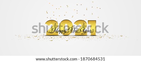 Elegance 2021 New Year banner with golden confetti on white background. Holiday vector illustration. Metallic 2021 gold numerals with crumbs strewn on the floor. Scattered confetti.