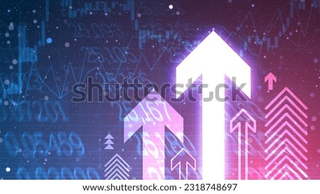 Glowing arrows for business growth concept in futuristic technology style. Successful financial development on blue gradient background. Digital cyber wallpaper for the stock market sources