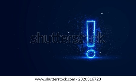 Futuristic glowing exclamation mark with plexus lines and glitter particles. An exclamation mark in the neon light style. 3D abstract copy space in the night concept. Digital technology background
