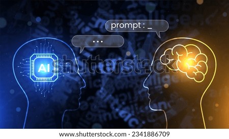 Conceptual illustration of a human interacting with an AI robot with the speech bubble. AI processor vs human brain talking about the prompt. Machine learning concept. Futuristic technology background