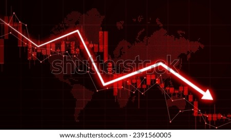 Illustration of stock market losses. Bankrupt financial information concept with arrows pointing down. Descending trading graph