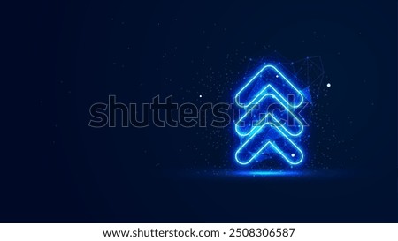 Successful illustration in the blue neon light style. Futuristic up arrow symbol with plexus lines and glitter particles. 3D abstract low poly copy space in the dark background