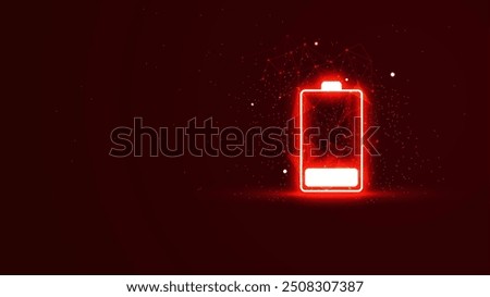 Low power battery illustration in the red neon light style. Futuristic glowing battery symbol with plexus lines and glitter particles. 3D abstract low poly copy space in the dark background