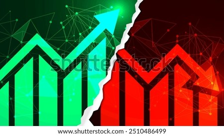 Stock market illustration. Comparison chart between bullish and bearish. Up and down trading concept with candlestick and arrow bar charts