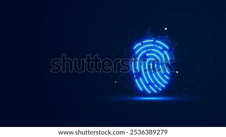 Futuristic glowing fingerprint with plexus lines and glitter particles. Biometric in the neon light style. 3D abstract copy space in the night view. Digital technology background