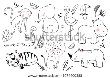 Vector linear drawing, set of cute children's illustrations African animals, monkey, elephant, tiger and lion, rhinoceros, snake, hippopotamus, flamingo bird and toucan, tropical leaves, pineapple and