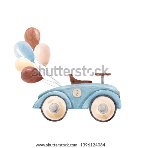 Watercolor illustration for a boy, blue retro car with balloon. Invitation Greeting Card
