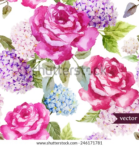 hydrangea, roses, flowers, watercolor, pattern,