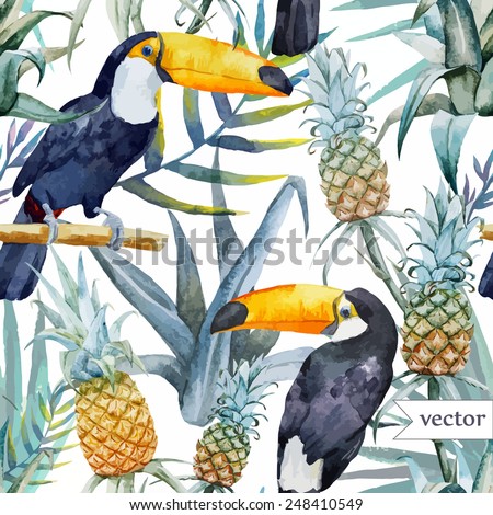 bird, tropical, palm tree, watercolor, pineapple, pattern, wallpaper, toucan