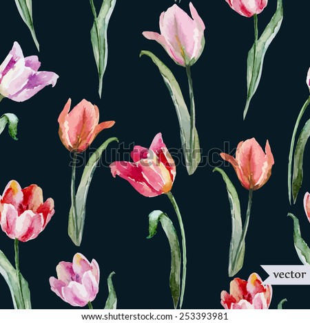 vector, watercolor, flowers, tulip, pattern
